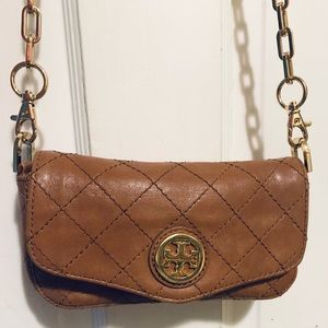 Tory Burch Brown Leather Mini Cross Body Shoulder Purse 22" long gold chain GUC